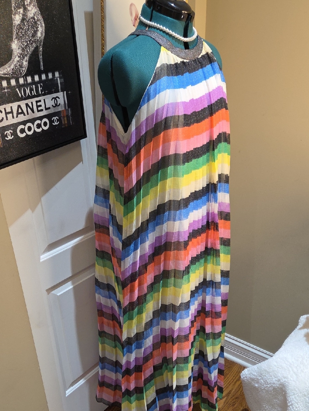 Nwot Large New York Company Colorful Striped Halter Maxi Dress With Belt - Picture 5 of 17